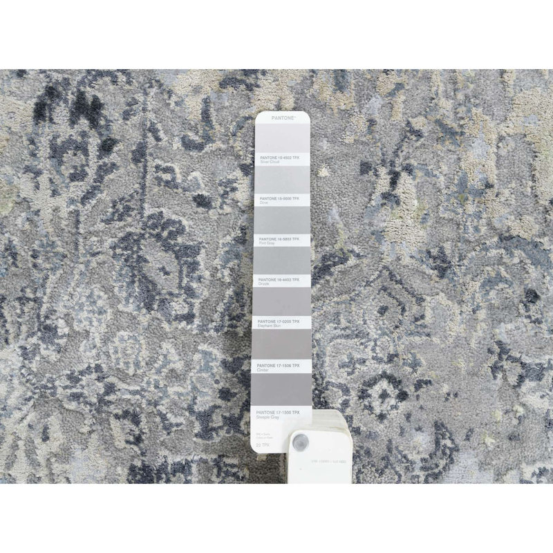 Tapis gris en laine noué à la main 3 pi 10 po x 6 pi avec motif en soie pure Kishoon