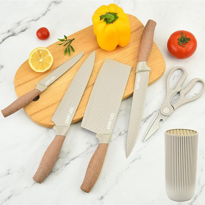 VOKIAL Knife Set, 6-piece professional kitchen knife kitchenware, super sharp knife cover and universal knife holder, rust-proof stainless steel kitchen knife seat cover, ergonomic design,