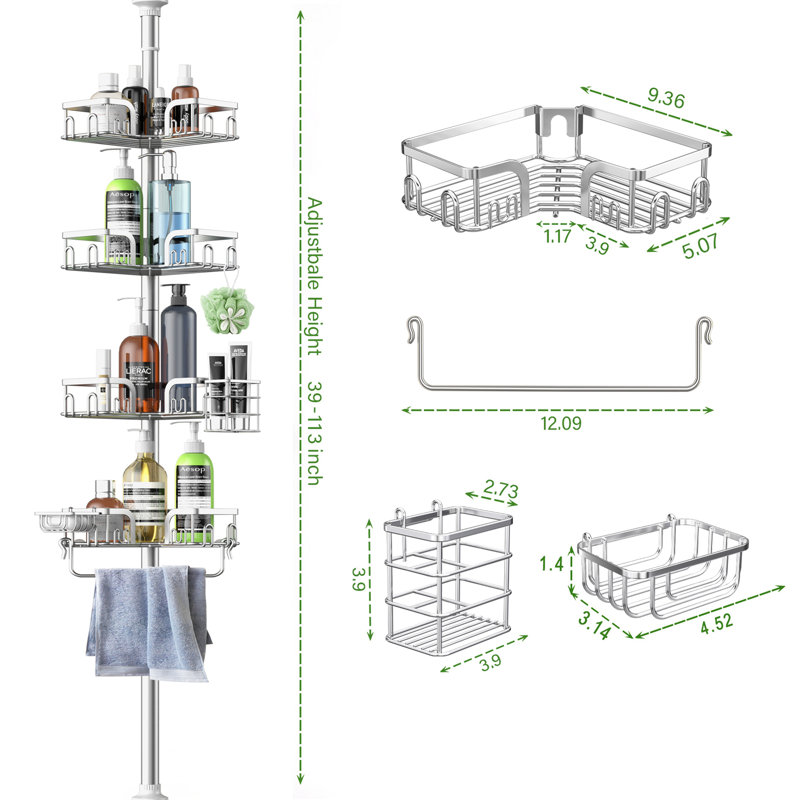 Silver Stainless Steel Tension Pole Shower Caddy with Toothpaste Box, Adjustable Height Corner Organizer for Bathtub and Shower Single