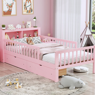 Appealing Pink Twin Size Bed With Guardrails & Practical Headboard Storage Frame Under