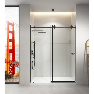 Porte de douche l 60 po x H 76 po en noir mat avec verre transparent - s'adapte aux aménagements de salle de bain, mouvement doux et silencieux, construction, garder au sec