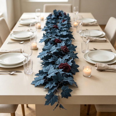 Décoration d'Halloween : guirlande de feuilles d'érable artificielles bicolores bleu tibétain, 175 cm de long, pour escalier, table à manger ou cheminée.