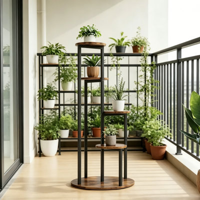 Support pour plante rotatif à 4 niveaux en bois et métal avec tablettes rondes, support à fleurs en coin pour salon et balcon - finition brune