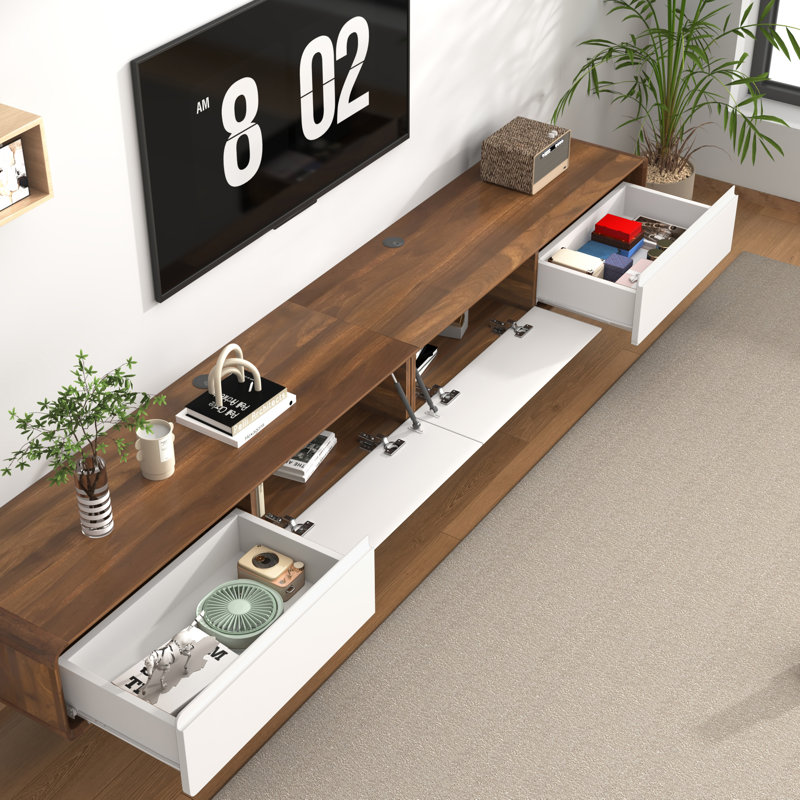 Wall-Mounted/Floor Standing TV Stand For Tvs Up To 100", Floating Media Console With 2 Drawers And 2 Cabinets, White/Brown