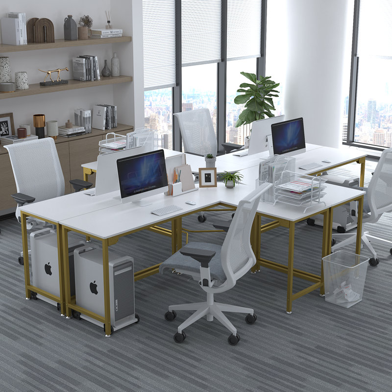 Arlie L-Shaped Metal Base Computer Desk, White/Gold, 29.52" H x 66.14" W x 47.24" D