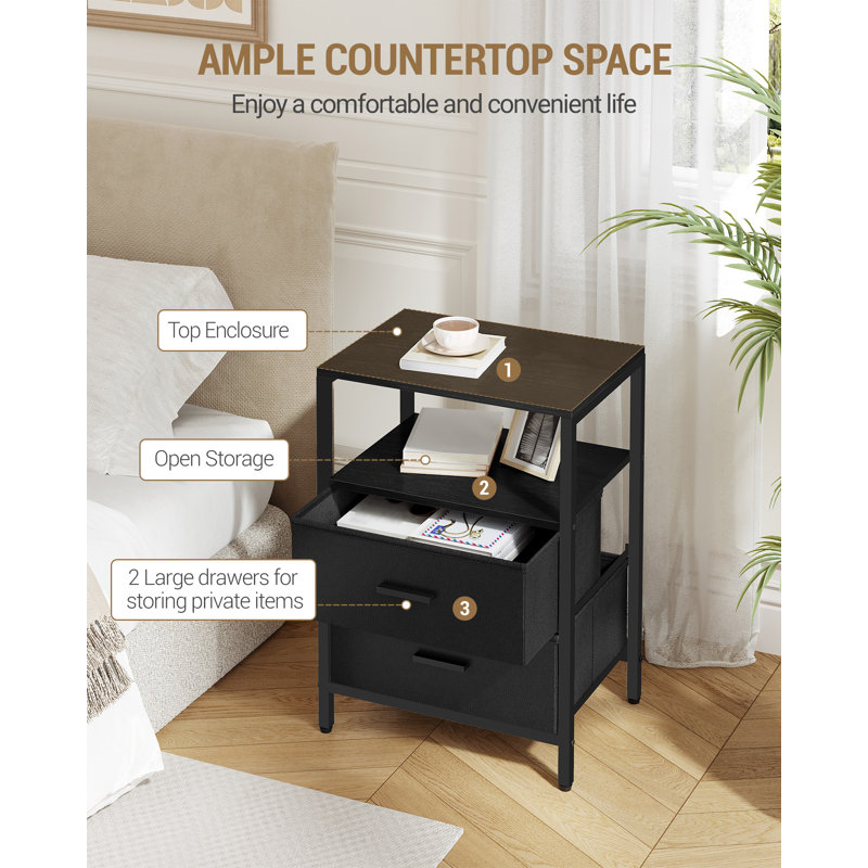 Bedside Table, Side End Table with 2 Fabric Storage Drawers, Bedside Cabinet with Open Storage Shelf, Nightstand for Bedroom, Livingroom, Office 
