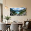 Tableau sur toile représentant des sommets enneigés surplombant un lac turquoise et une forêt de pins-864877721