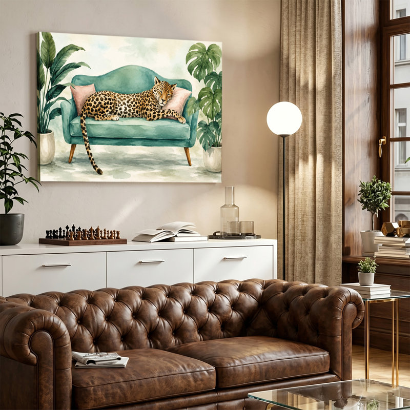 Léopard posé sur un canapé vert, plante tropicale, impression sur toile, toile tendue, prête à être accrochée, 28x40in