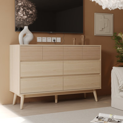 Commode 8 tiroirs en bois naturel - Surface rayée et tiroirs sans tirette