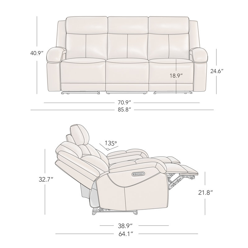 Zachery Genuine Leather Power Reclining Sofa, 3, Navy