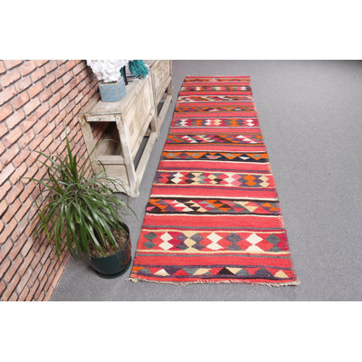 Tapis turc rétro vintage rose Herki à rayures, idéal pour la cuisine et les escaliers
