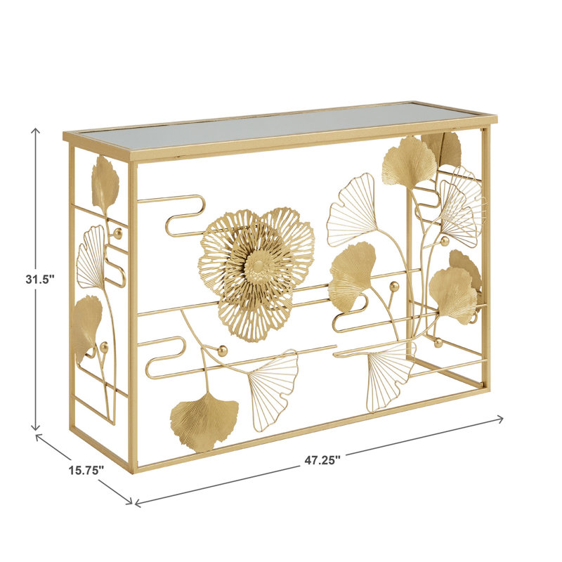 Lenssen Gold Finish Peony And Ginkgo Console Table With Mirror Top