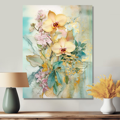 «Pink Orchid Flowers Illustration Vintage Blue», reproduction d'art murale orchidée