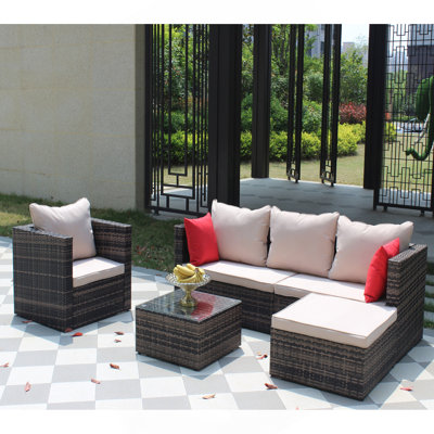 Ensemble de meubles de patio en rotin et canapé modulaire en osier avec coussins de jardin (4 pièces, brun)