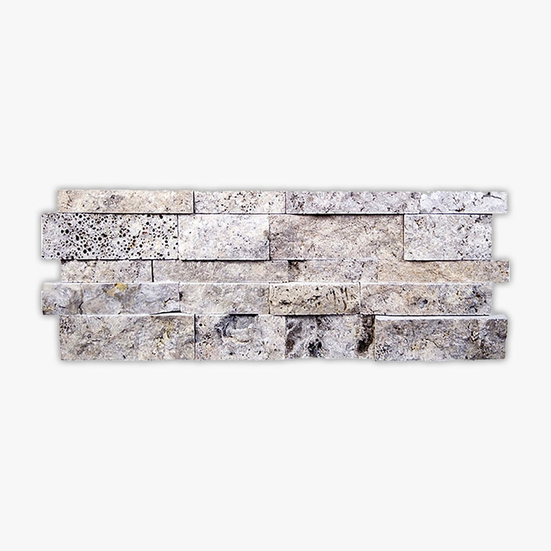 Silver Splitface 7x20 Interlocking Travertine Ledger Panel, Gray