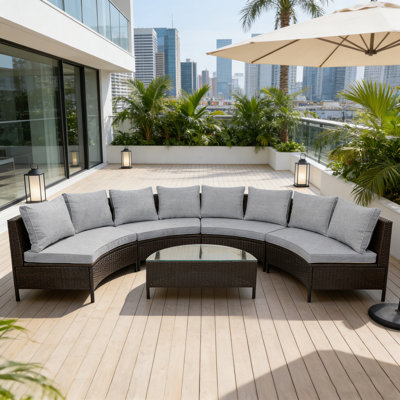 Ensemble de canapé modulaire 5 pièces demi-lune en rotin et osier avec table en verre trempé, mobilier d'extérieur toutes saisons