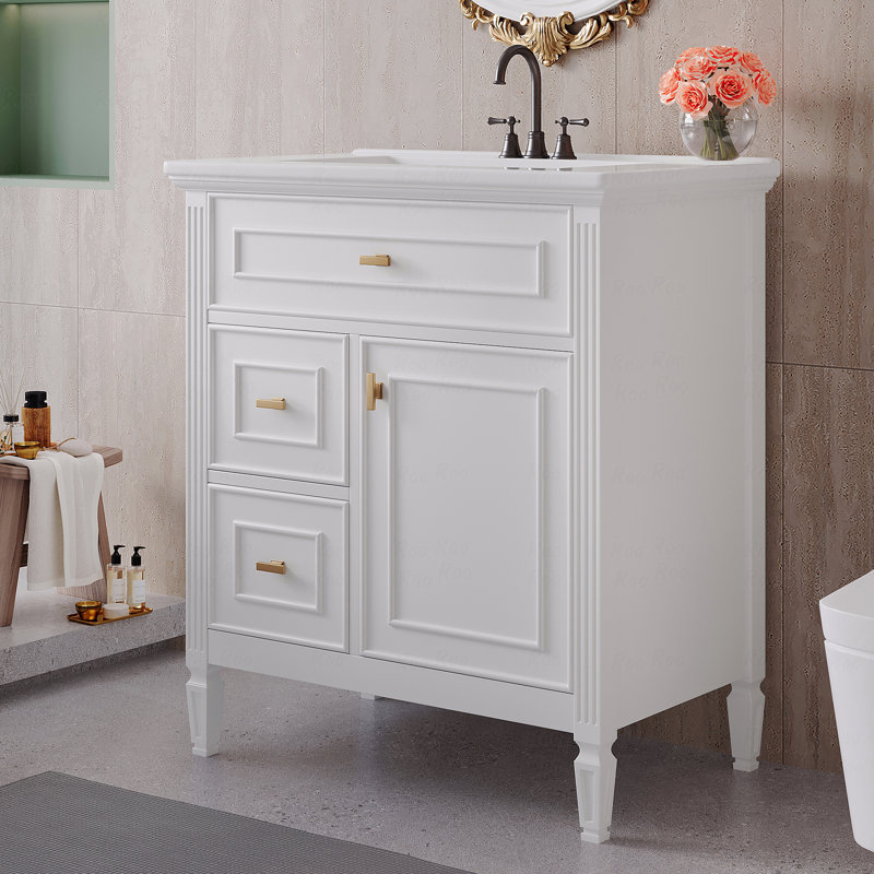 Meuble-lavabo 30 po avec lavabo, meuble-lavabo avec un tiroir rabattable et deux tiroirs, tablette réglable, Blanc