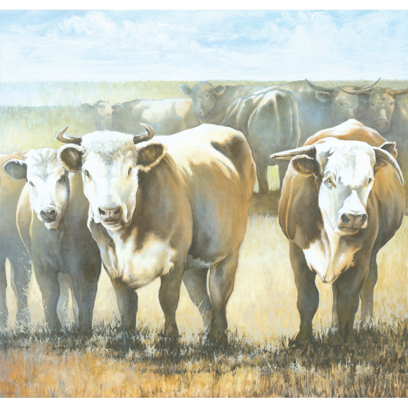 Bulls in the Field - Painting Print, 51 cm H x 76 cm W, Wrapped Canvas