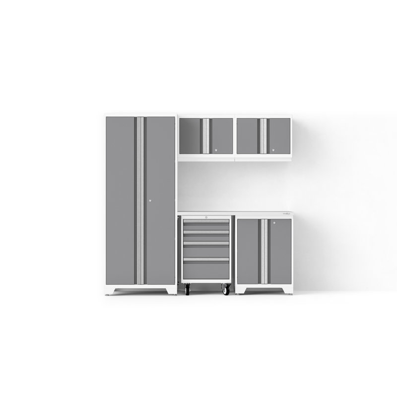 Bold XL Series Platinum 6 Piece Garage Cabinets Set With Tool, Base, Wall Cabinets, Stainless Steel Worktop And 30 In. Locker
