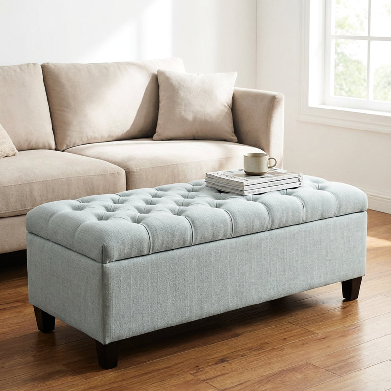 Tabouret de repose-pieds bleu 49,34 po, banc de rangement pour bout de lit et couloir, fabriqué en bois massif, charnière multifonctionnelle grand intérieur