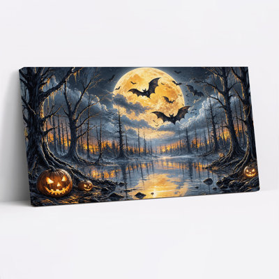 Glowing Pumpkins And Bats In Spooky Swamp Halloween Canvas Wall Art