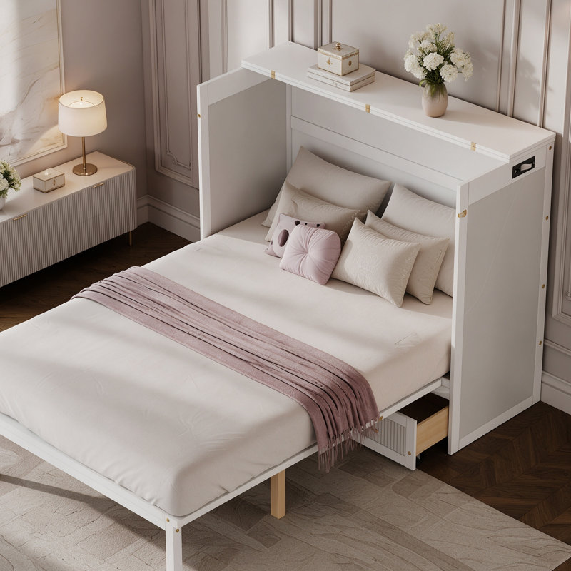 Lit escamotable Queen avec tiroirs, rangement et port USB pour recharger, White