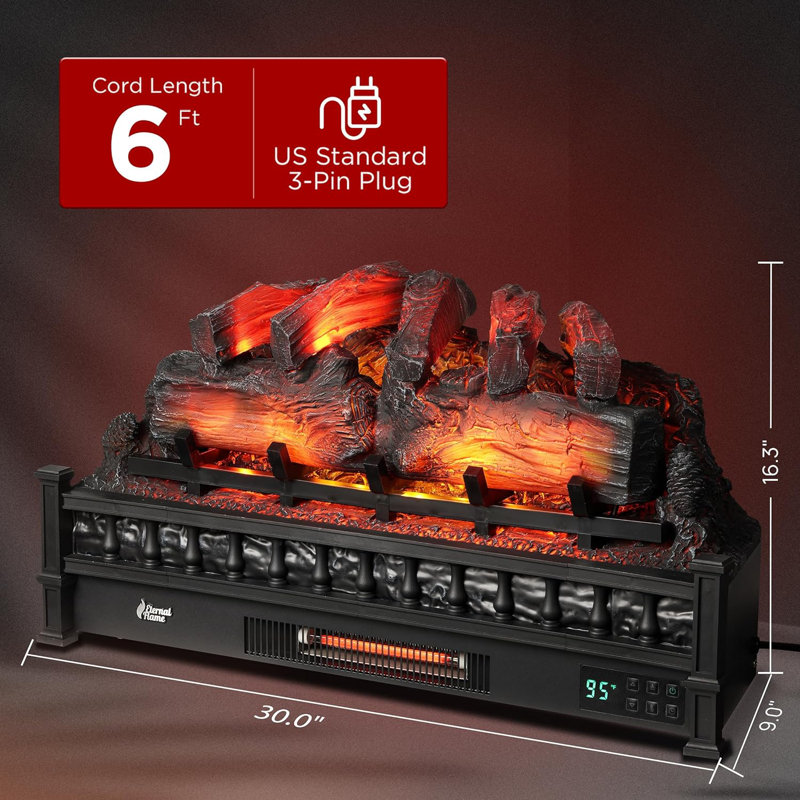 30" WiFi Infrared Quartz Electric Fireplace Log with Sound Crackling, Adjustable Flame Colours, Black