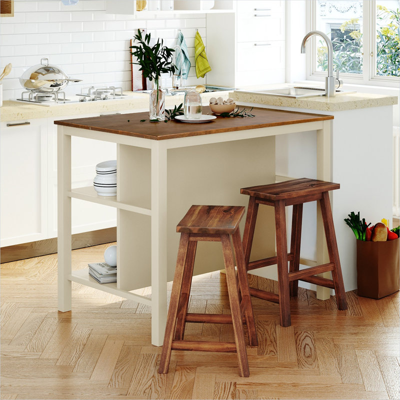 Ensemble d'îlot de cuisine classique en bois massif brun avec 2 tabourets, table de salle à manger de 45 pouces pour les petits espaces - style campagnard traditionnel