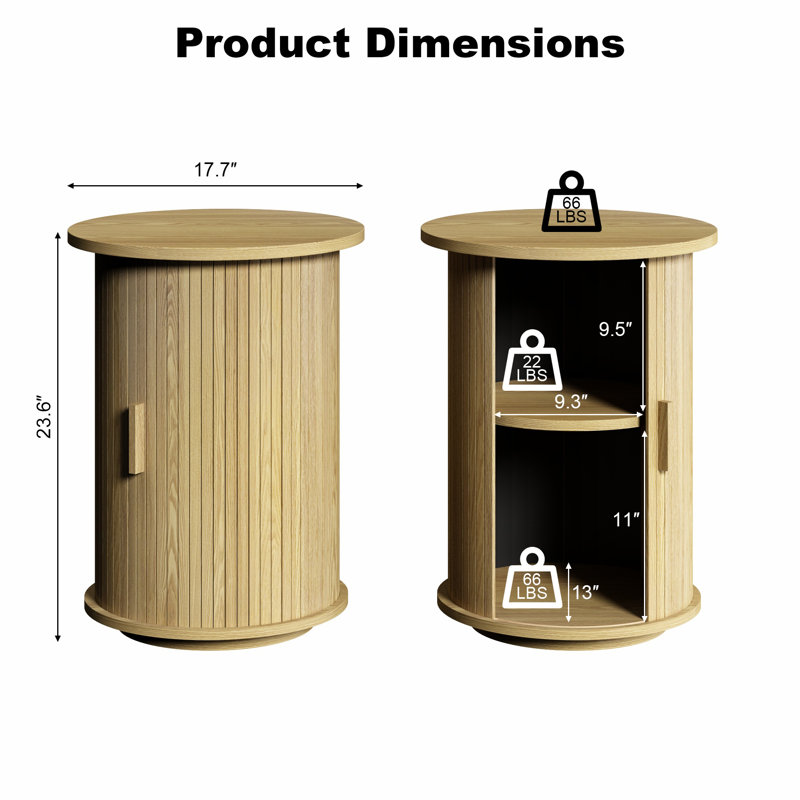 Adalia 17.7" Fluted Round End Table With Tambour Sliding Door, Nature Color