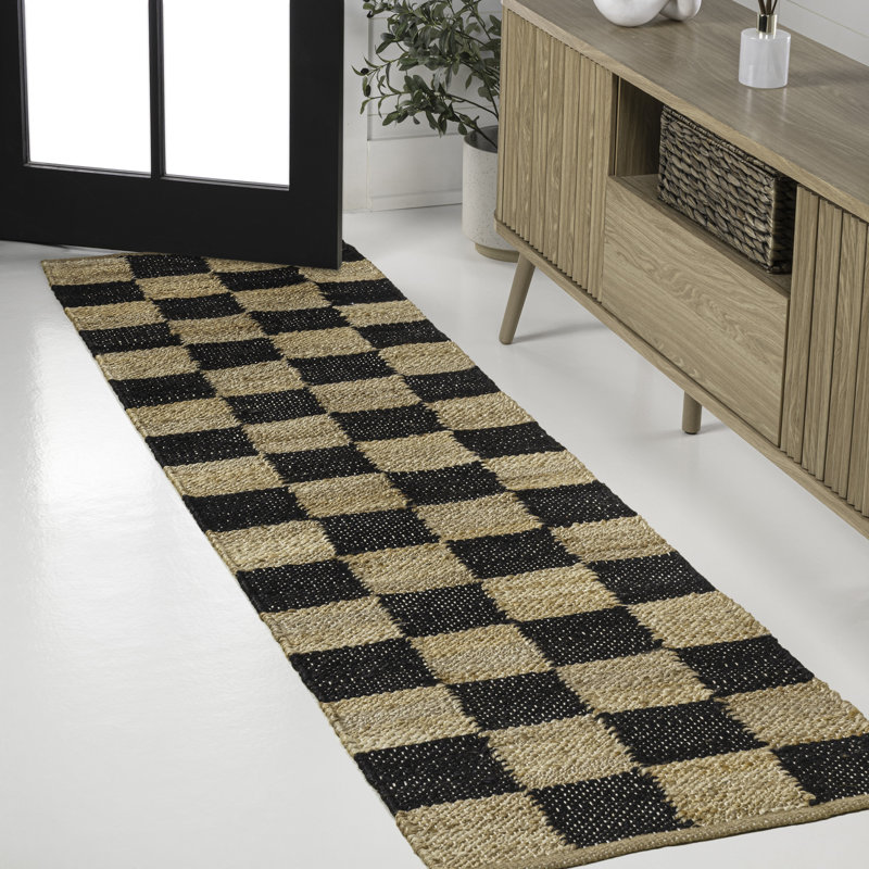 Nigel Modern Farmhouse Woven Jute Checkerboard Natural/Black Rug, Tapis de couloir 2 pi x 8 pi