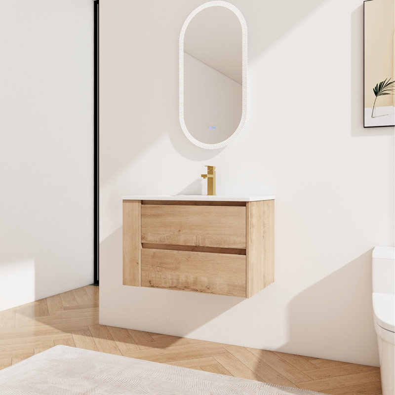 30" Wall Mounted Bathroom Cabinet - Ceramic Basin, 2 Soft Close Drawers, Contemporary, Imitative Oak Finish Sink Vanity Sleek,