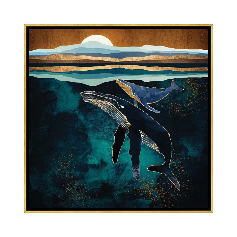 Moonlit Whales - impression d'art graphique, Aucun mat, H 18 po x l 18 po x 1,5 po, Toile encadrée d'or