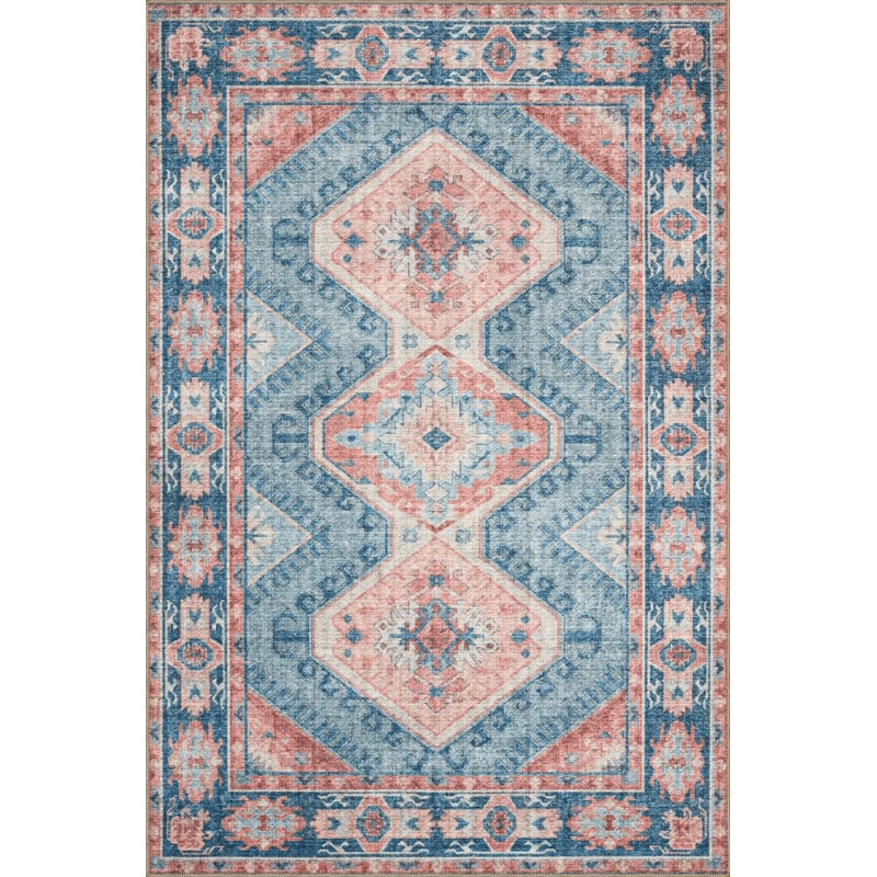 Tapis décoratif bleu traditionnel lavable à la machine, Tapis de couloir 3 pi 3 po x 6 pi 7 po 