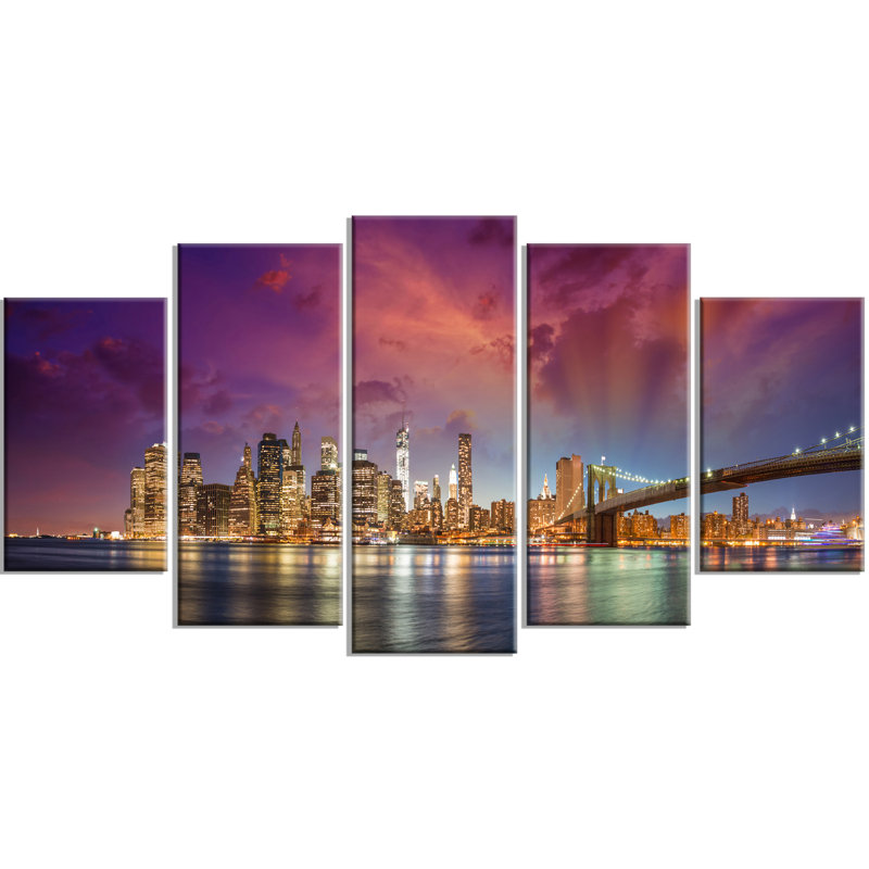 « new york city manhattan horizon », ensemble de 5 toiles tendues encadrées en rouge
