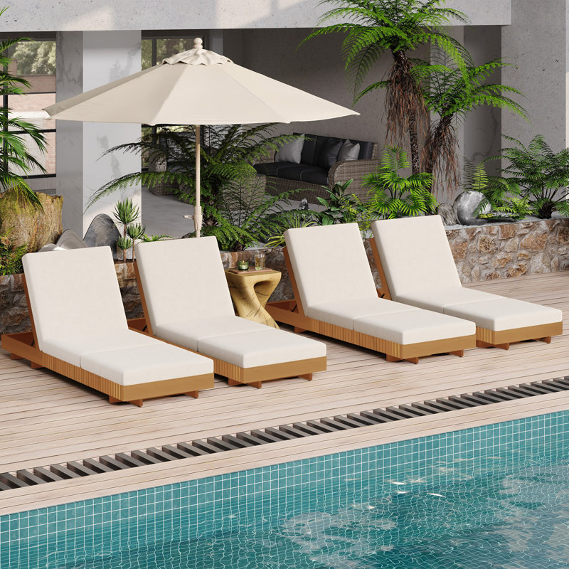 Ensemble de chaise longue en bois d'acacia massif avec coussin de salon, Crème