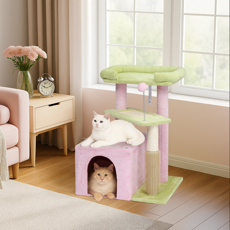 27.5 Pink & Green Multi-Level Cat Tower With Cat Scratching Post And Pad, Yellow/Pink