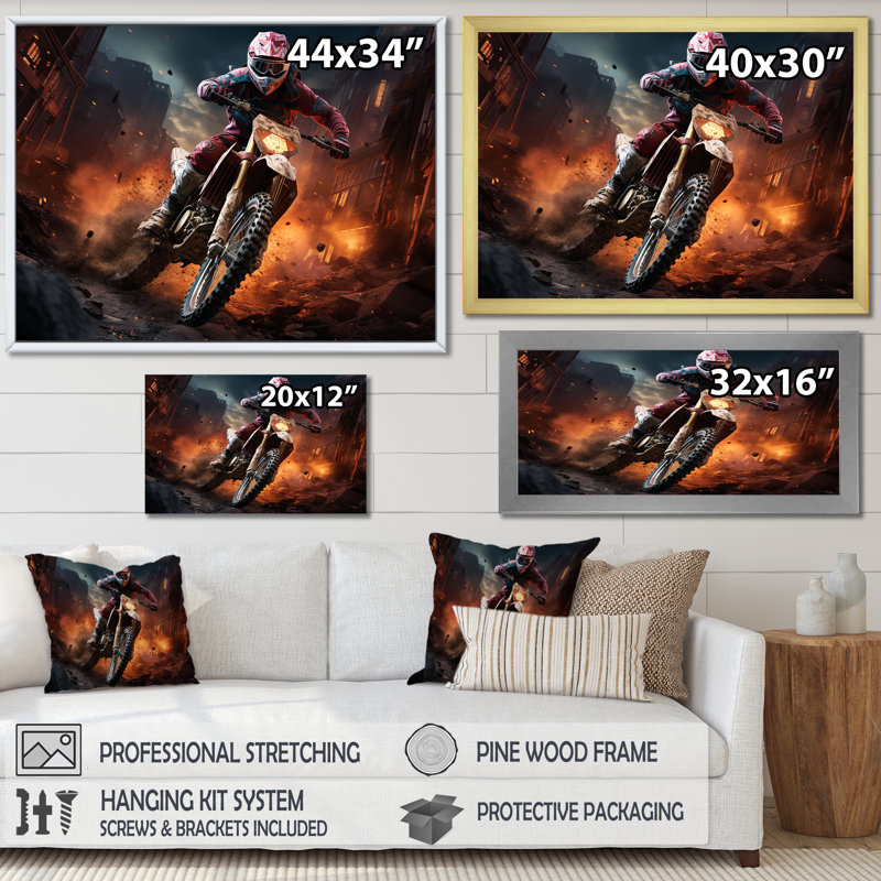 Motocyclette orange et noire - art sur toile, Toile tendue, H 34 po x l 44 po x P 1,5 po