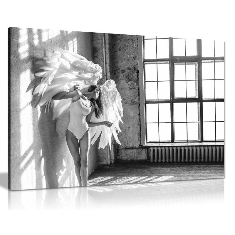 Panther Print Fine Art Prints Woman Dancer With White Angel Wings Artistic Framed Canvas Prints, Pictures For Home Walls, Bedroom, Living Room & Bathroom Decor - Wrapped Canvas Art Prints