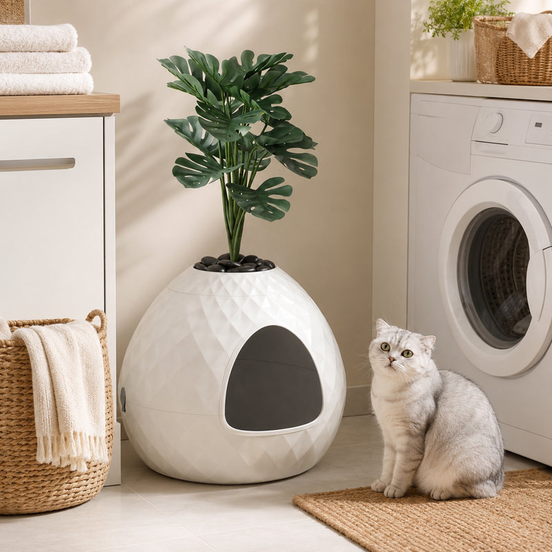 Hidden Cat Litter Box Enclosure with 24 Faux Plants & Pebbles