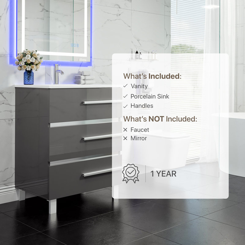 Meuble-lavabo simple 32 po avec plateau en porcelaine Marlaya, Gris