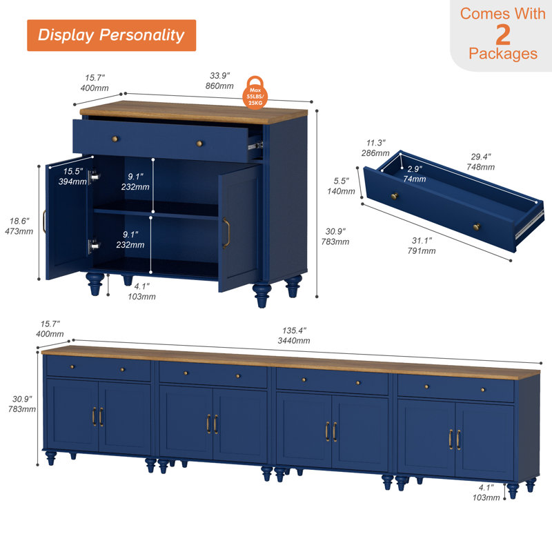 Scarlett TV Stand with 8 Doors and 4 Drawers, Wood Universal TV Stands with Storage Cabinets, Entertainment Center TV Console Table for Living Room, Bedroom, Navy Blue