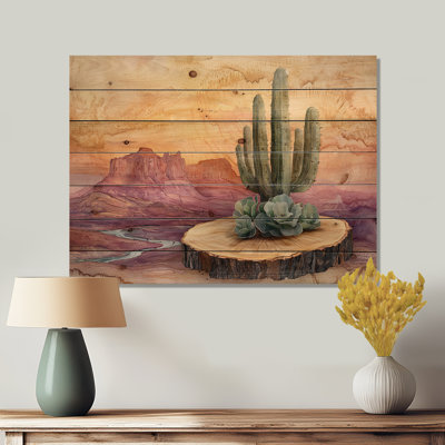 Cactus Desert On A Top Of Wooden Slide I - Floral Cactus Wood Wall Decor - On Natural Pine Wood