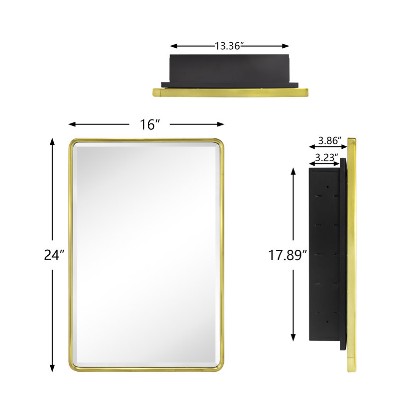 Farmhouse Recessed Metal Bathroom Medicine Cabinets with Mirror with Adjustable Tempered Glass Shelves, Brushed Gold