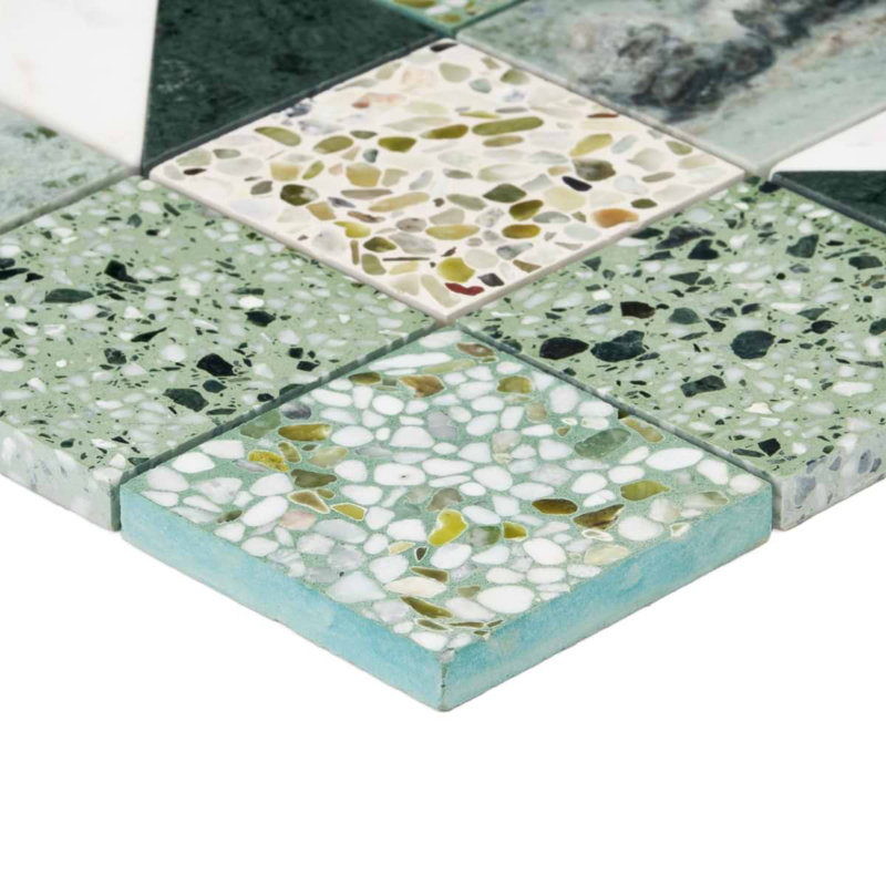 Elizabeth Sutton Artem 3x3 Polished and Honed Marble and Terrazzo Mosaic Tile, Turaco Green