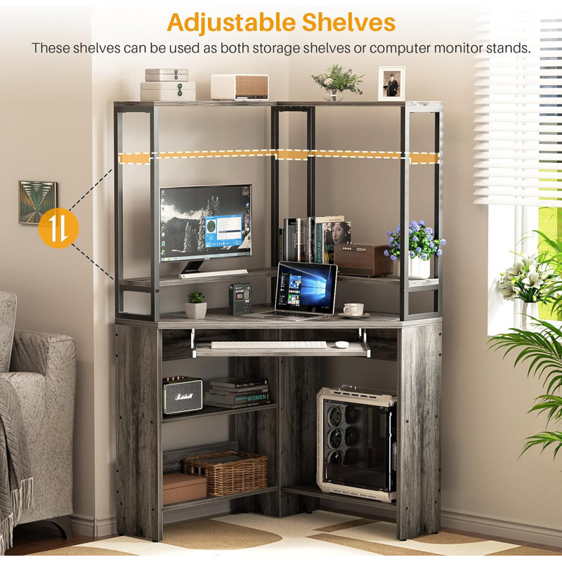 Meridel 29.5'' W Corner Computer Desk with Storage, Power Outlets and LED Lights, Grey