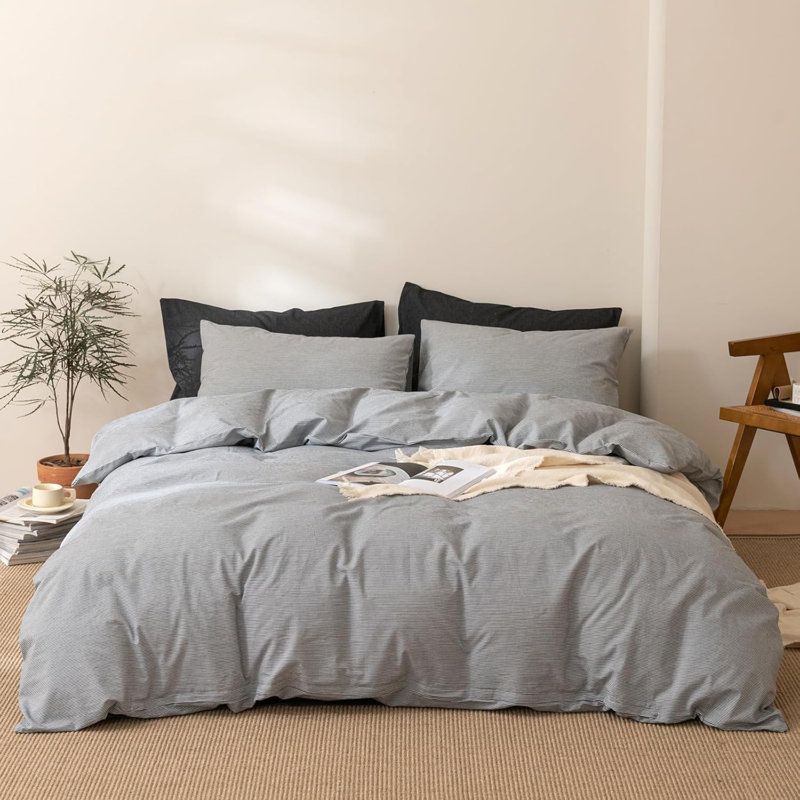 Ensemble de housse de couette douce en coton délavé Boho, Housse de couette grand et 2 taies d'oreiller stan, Gris