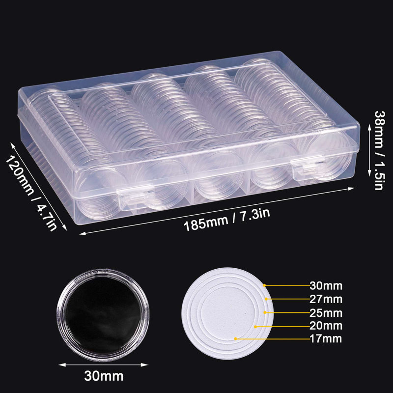 100Pcs 30mm Coin Capsule Holder with 5 Sizes Foam Gaskets and Clear Plastic Storage Organizer Box for Coin Collectors