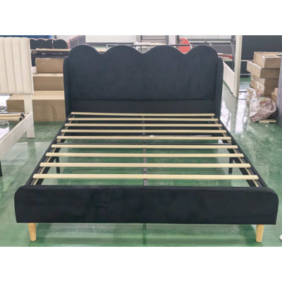 Full Size Velvet Upholstered Platform Bed Frames with Wingback & Scalloped Edges – Modern Minimalist Design, No Box Spring Needed, Black