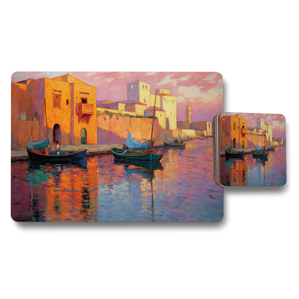 Harbor Scene Placemat And Coaster Set With Colorful Boats Artwork