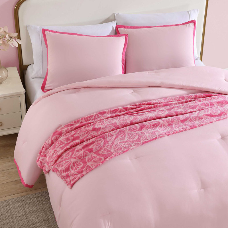 Betsey Johnson Signature Solid Reversible Comforter Set, Twin Comforter + 2 Additional Pieces, Pink/Pink